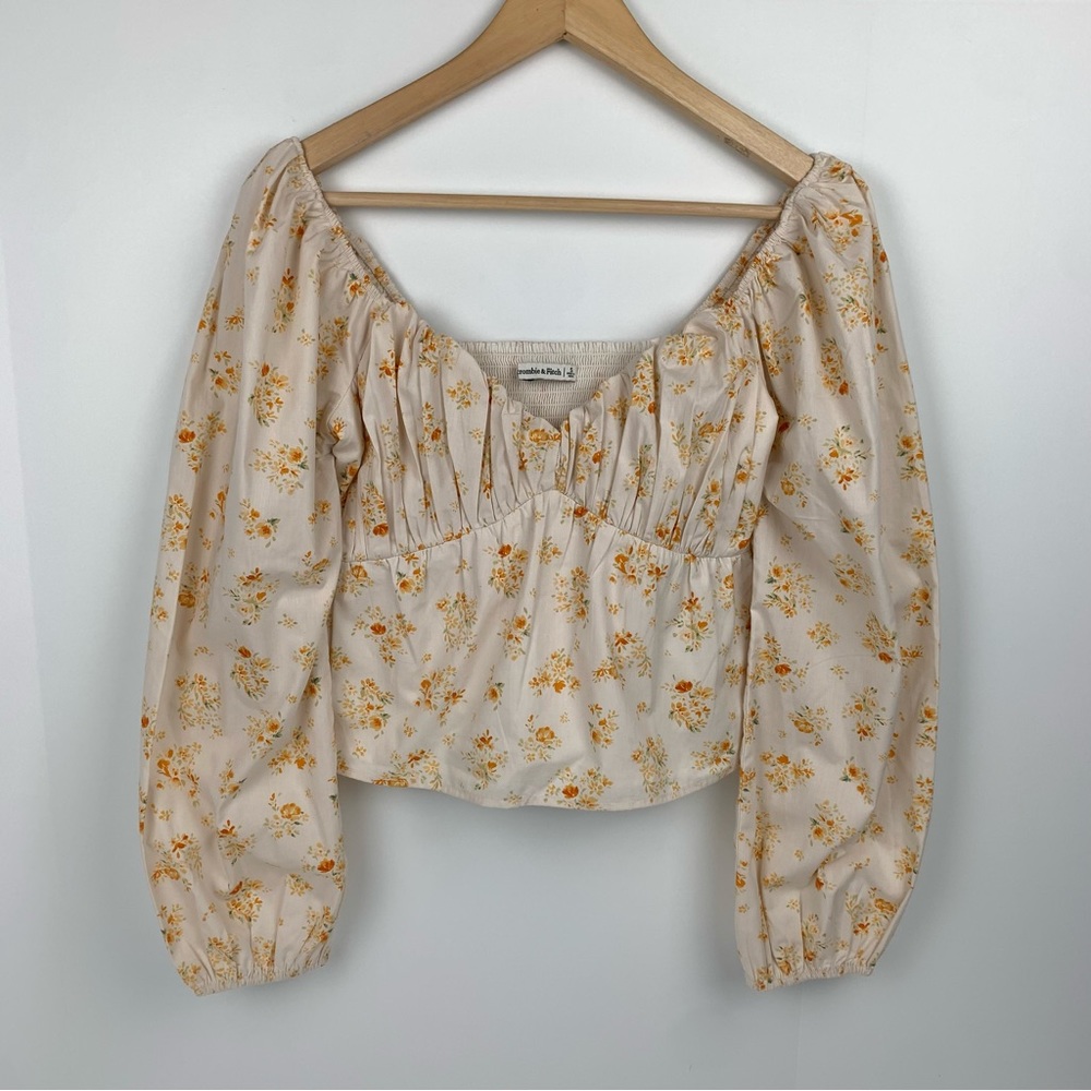 Abercrombie & Fitch Cream Yellow Floral Babydoll Peplum Long Sleeve Blouse Small